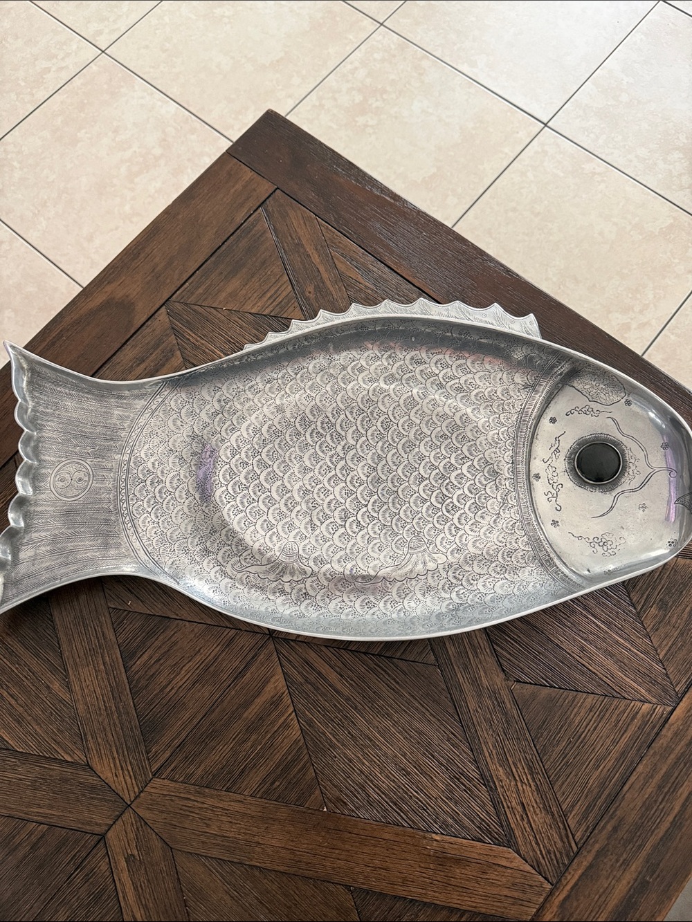 Arthur Court Large Fish Serving Platter 25” Aluminum Tray Agate Eye RARE FIND!